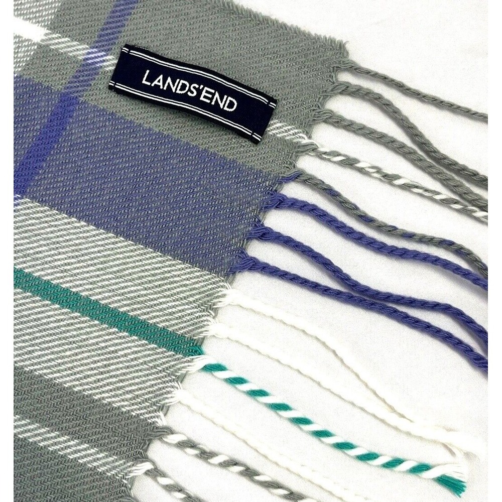 Lands End Womens Plaid Scarf 62" x 15" gray, purple, white, aqua Soft Fringe